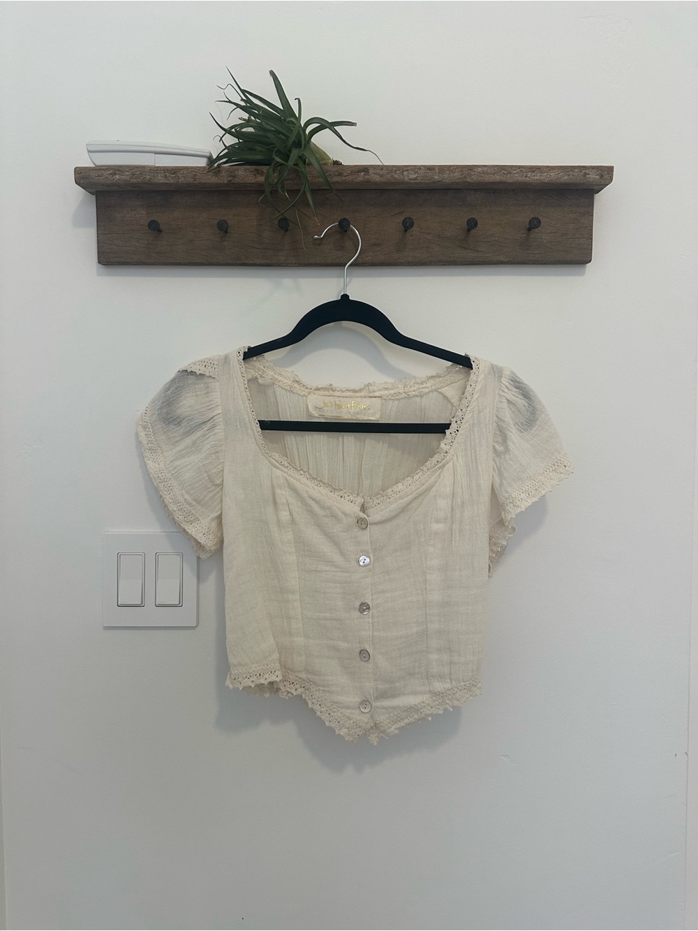 Jen's Pirate Booty Cream Lace-Trim Button Blouse